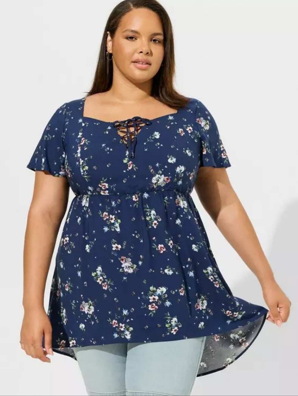 Torrid Navy Floral Lace-Up Babydoll Tunic